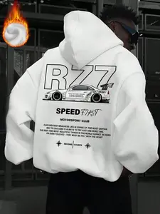 Men's Fall Winter Fleece Racing Hoodie, Back Print Rz7 Racing Hot Text Full-Print Top, Streetwear Commute, Car Culture Gift