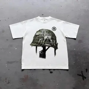 War Helmet Faith Over Fear Graphic Print Cotton T-Shirt, grunge y2k emo scene tapout goth amity affliction style clothes, Unisex T-shirt