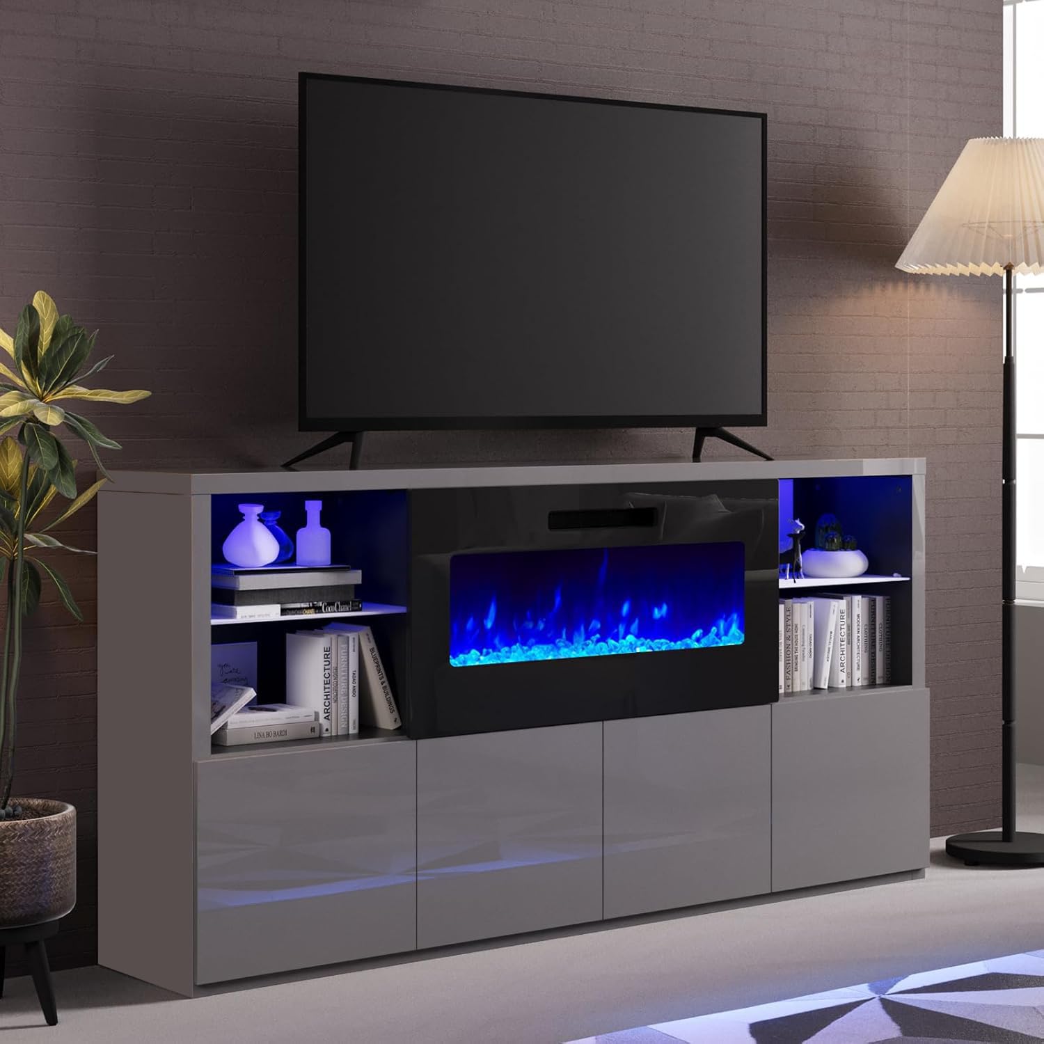 68" Modern High Gloss Fireplace TV Stand, Fireplace Entertainment Center with Fireplace & LED Lights for TVs up to 78",