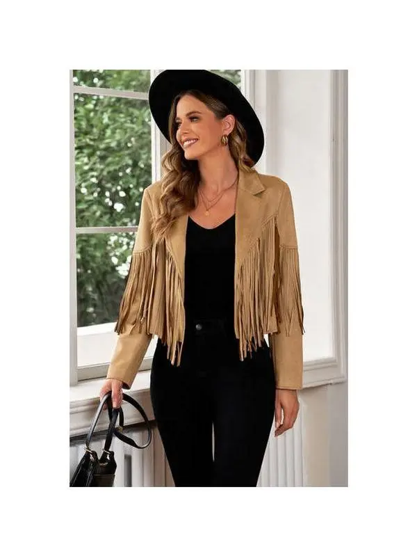 Fringe Trim Lapel Collar Cropped Blazer