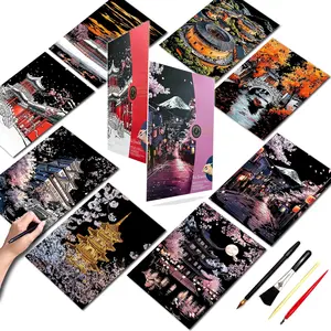 Scratch Art for Adults-Laser Scratch Painting Craft Kit (8 Sheets 16x11 in)|Foil Engraving Art Set|Stress Relief Gift for Travel Lovers,Craft Lovers|Creative Scratch Art Home Decor(Asian Series)