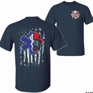 EMS Firefighter T-Shirts, Crewneck Sweatshirts & Pullover Hoodie, Star of Life and Fire Helmet American Flag Graphic, First Responder Support Graphic Shirt for EMTs & Firemen, Gift for Rescue Workers BNH1911