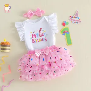 First Birthday Outfit Girl Clothes Short Sleeve Romper Tops Tutu Skirts Baby Bows Summer Clothes One Year Old