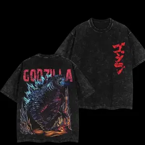 Godzilla Blue Neutron Kaiju Robot Mecha Retro Monsterverse Vintage Washed Double Printed Heavyweight Cotton Oversized Tee Unisex Streetwear Crewneck Top Casual Daily Wear Comfortable Fashion Shirt For Monster Fans And Anime Lovers