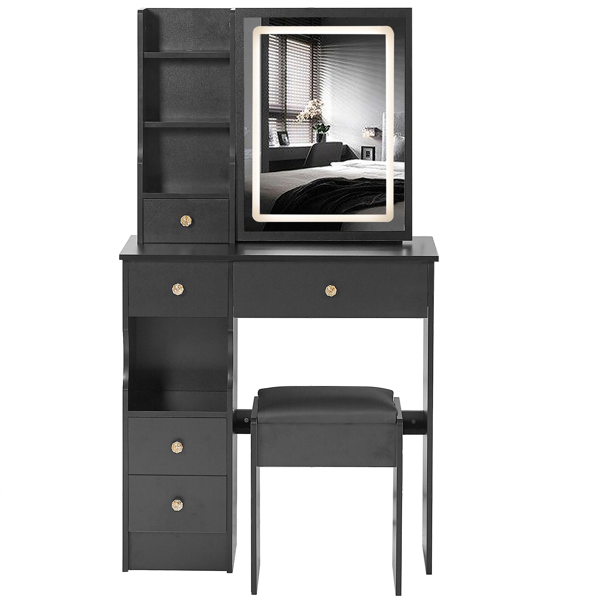 29.2" Small Size Left Drawer Desktop Vanity Table + Cushioned Stool, Large Sliding, Touch Control, Tri-color Switching, Brightness Adjust LED Mirror, High Capacity Storage, Suitable for Small Space 29.2" Small Size Left Drawer Desktop Vanity Table + Cushioned Stool, Large Sliding, Touch Control, Tri-color Switching, Brightness Adjust LED Mirror, High Capacity Storage, Suitable for Small Space