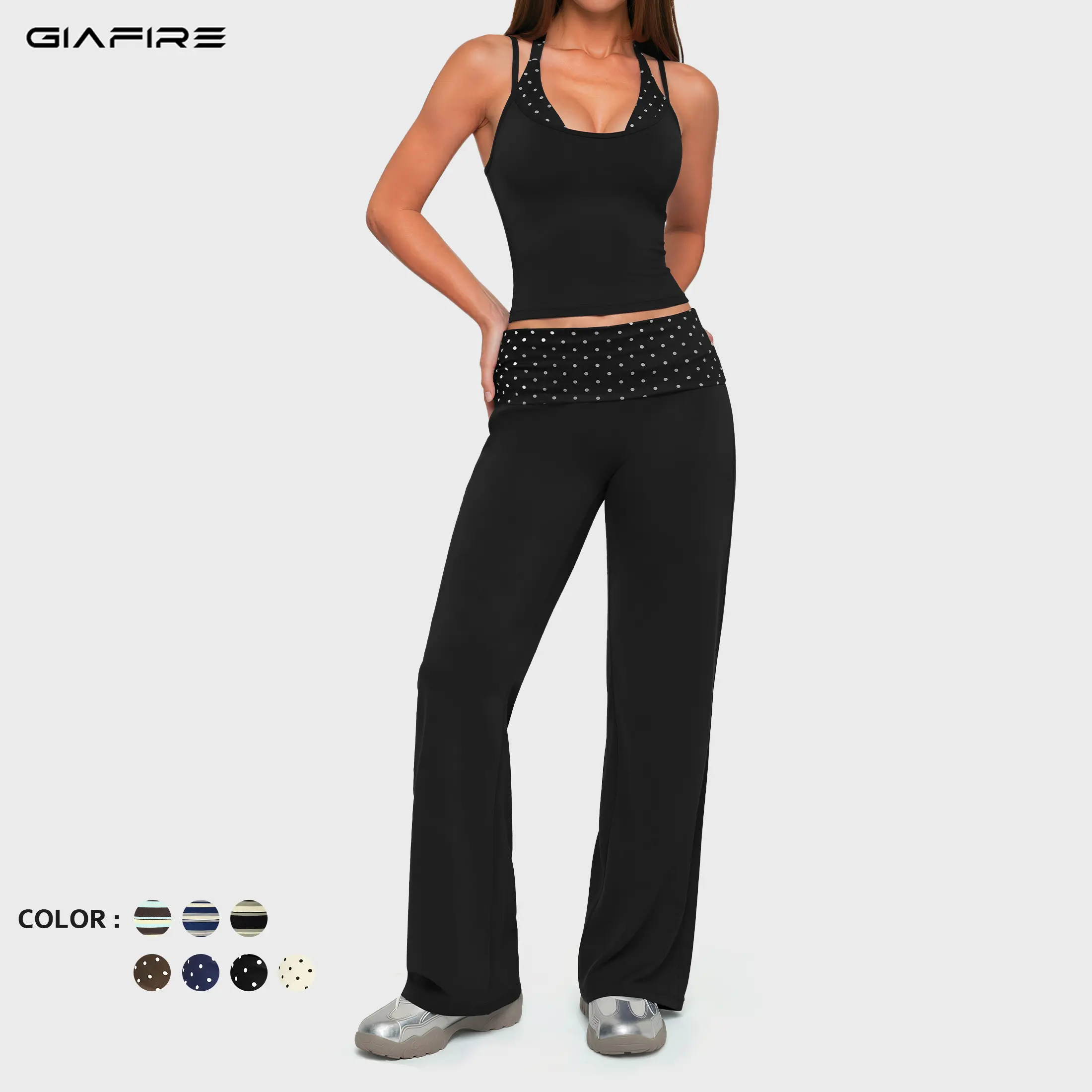 GIAFIRE Women's 2-Piece Casual Sports Set, High-Stretch Breathable Yoga Outfit, Halter Tank Top with Spliced Stripe & Polka Dot Decor, High-Waisted Butt-Lifting Ruched Wide-Leg Pants, Suitable for Pilates, Fitness Training and Daily Casual Wear