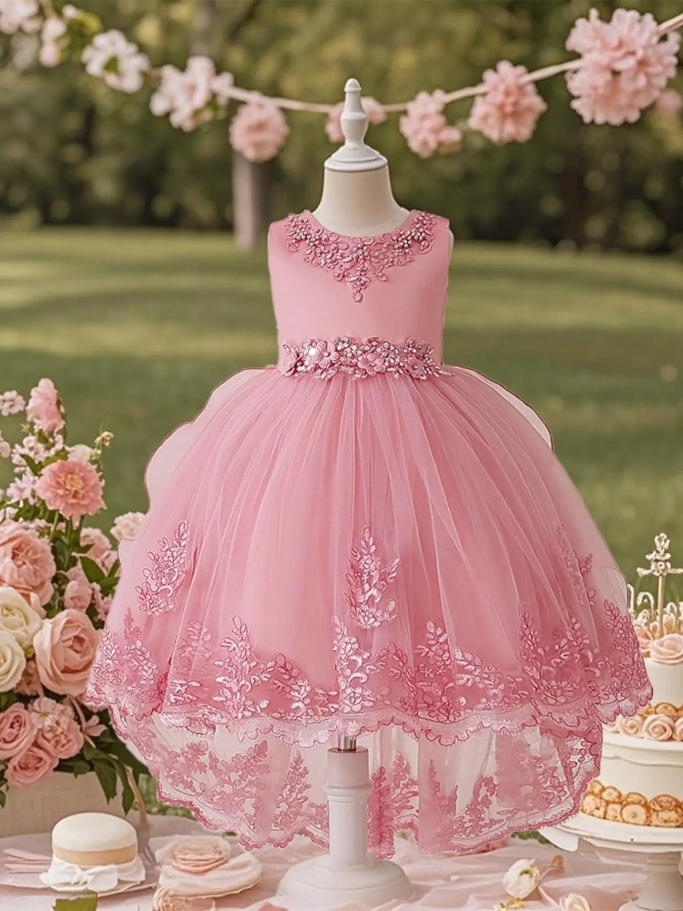 Flower Embroidery Design Princess Dress, Elegant Chiffon Round Neck Sleeveless Dress for Party Wedding Guest, Kids Clothes for Summer