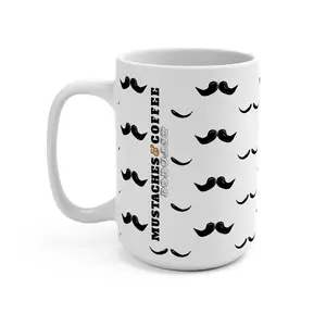 Mustaches & Coffee Podcast White 15oz Coffee Mug - Mustache Motif Ceramic Cup