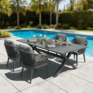 LayinSun Outdoor Patio Dining Set, 80 inchs Aluminium Rectangular Dining Table and Wicker Rattan Chairs Set for Outside Backyard, Poolside