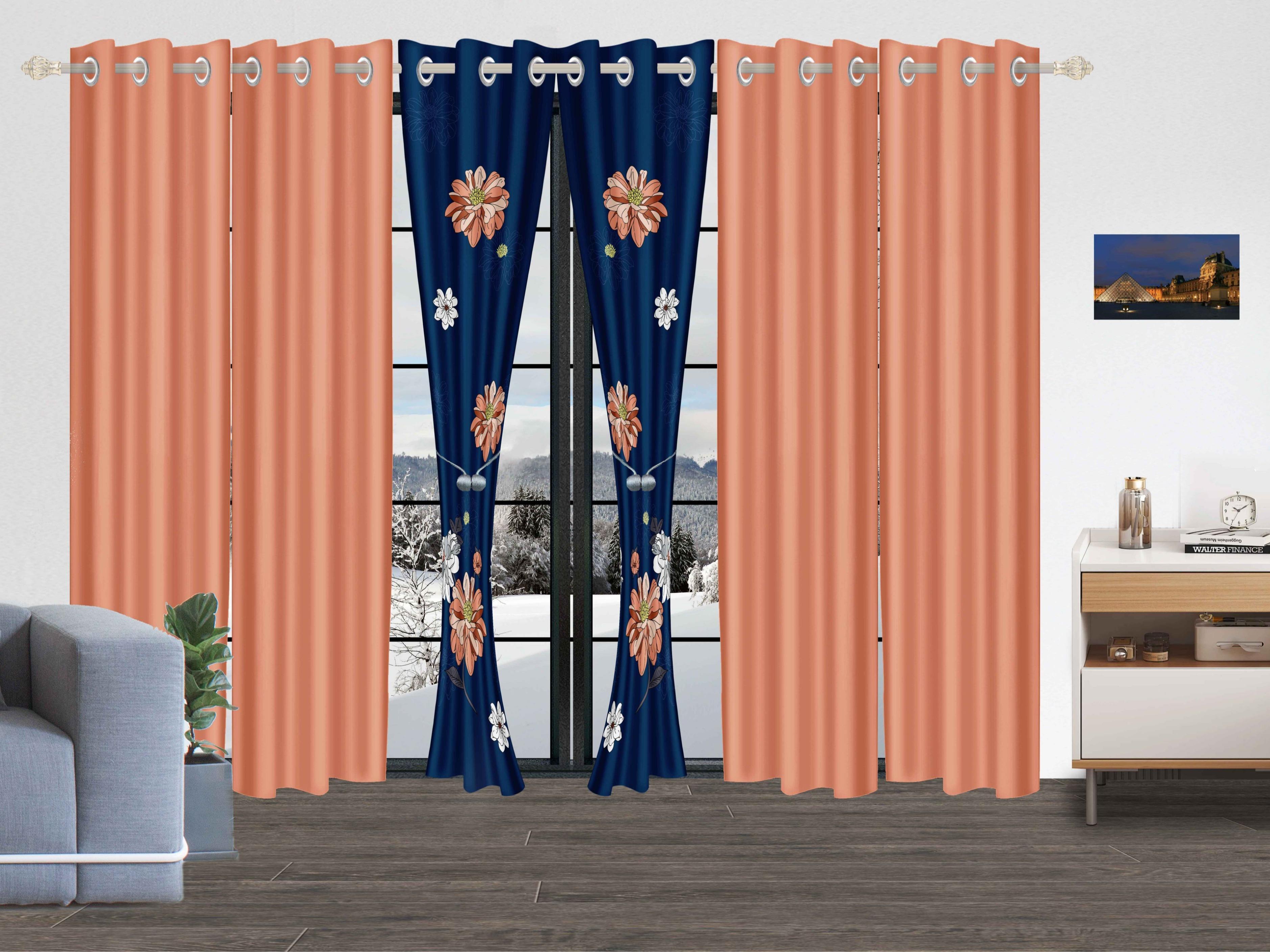 6-Piece Curtain Set | 2 Printed + 4 Solid | Semi-Sheer | 38"x84" | Floral Collection: Blue+Red, Purple Gardenia, Red Peony, Green Rose | Perfect for Living/Dining/Study/Bath