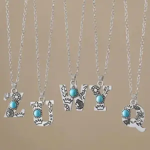 Retro Turquoise Letter Necklace 26 English Alphabet Casual Outdoor Western Style Versatile Geometric Shape Alloy Pendant Neck...