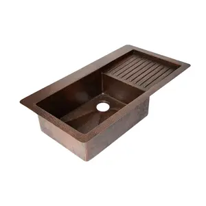 40" Drop-in Single Well Hammered Copper Kitchen Sink with Wringer on Right Side