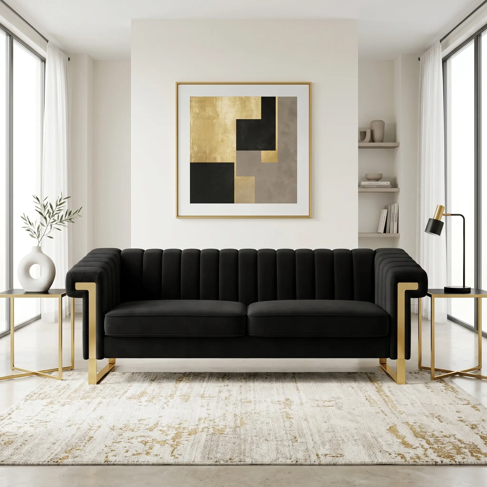 84 in Modern Chesterfield Velvet Fabric Sofa Couch - Luxury Indoor Fixed Arms Furniture with Gold-Leg Details, Foam Cushions, Stainless Steel Accents, Removable Cushions for Living Room Movie Nights