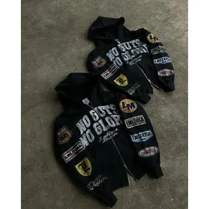 Oversized Harajuku Letter Print Hoodie for Men 2024 Winter American Retro Gothic Street Zipper Hoodie Casual Loose Sweatshirt Menswear Tops Pullover Long Sleeve Streetwear Motocross Tropical