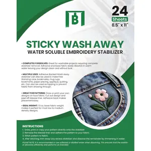 Sticky Wash Away - Water Soluble Machine Stabilizer 24 count 8.5"x11" for Machine and Hand Embroidery, Quilting, Free Standing Lace, Bookmarks, Printable