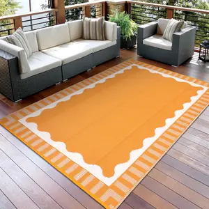 Large Waterproof Outdoor Rug with Fan-shaped Printed Plastic Straw Woven Carpet Double-sided Clean Gray & White Border Portable Storage Bag Foldable for Patios Gardens Balconies Beaches Picnics RVs and Porches