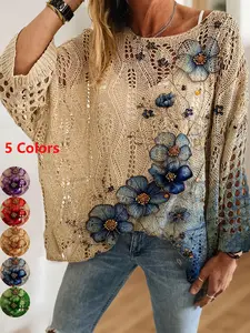 Women's Vintage Blue Gradient Floral Animal Print Knit Top, Casual Elegant Vacation Style, Comfortable Breathable Loose Fit