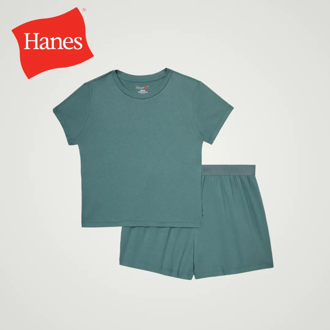 Hanes Originals Women's 2-Piece Lounge Set RIBBED SuperSoft Cropped Baby Doll Tee & Sleep Shorts Loungewear Comfort Pajama Womenswear Hanes Originals Women's 2-Piece Lounge Set RIBBED SuperSoft Cropped Baby Doll Tee & Sleep Shorts Loungewear Comfort Pajama Womenswear