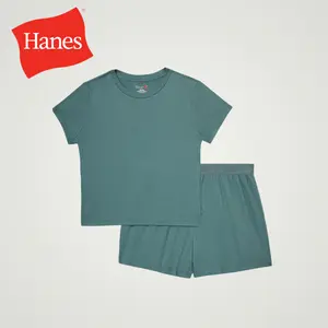 Hanes Originals Women's 2-Piece Lounge Set RIBBED SuperSoft Cropped Baby Doll Tee & Sleep Shorts Loungewear Comfort Pajama Womenswear