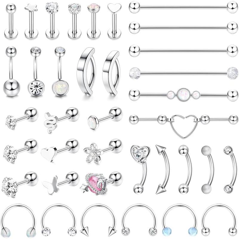 Jstyle 37 Pcs 14G-16G Body Piercing Jewelry for Women 316L Stainless Steel Industiral Cartilage Earrings Clicker Belly Button Rings Lip Eyebrow Rings Horsehoe Septum Rings Body Piercing Jewelry Set Daily