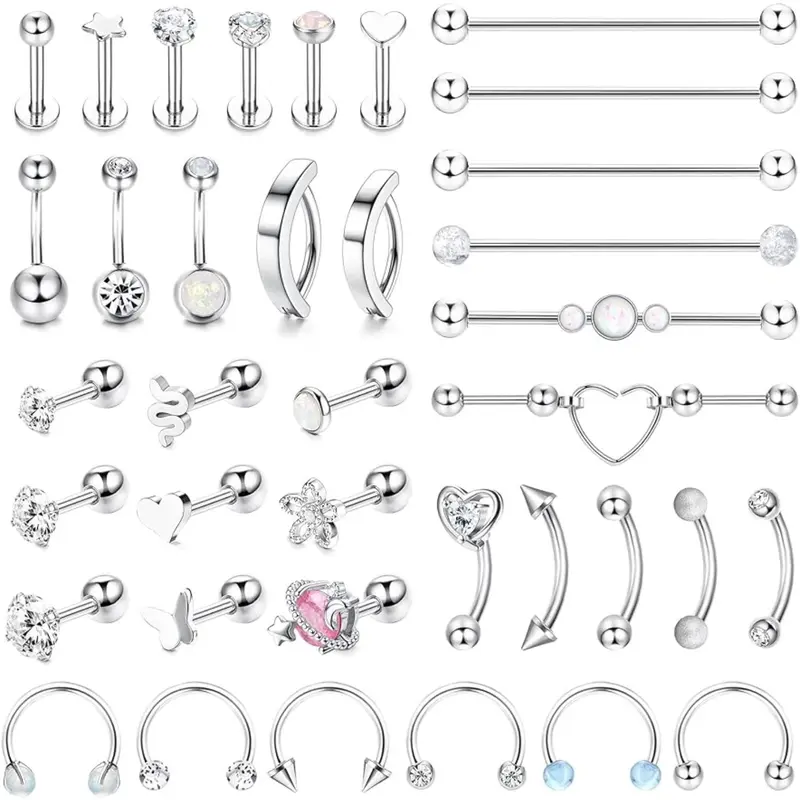 Jstyle 37 Pcs 14G-16G Body Piercing Jewelry for Women 316L Stainless Steel Industiral Cartilage Earrings Clicker Belly Button Rings Lip Eyebrow Rings Horsehoe Septum Rings Body Piercing Jewelry Set Daily