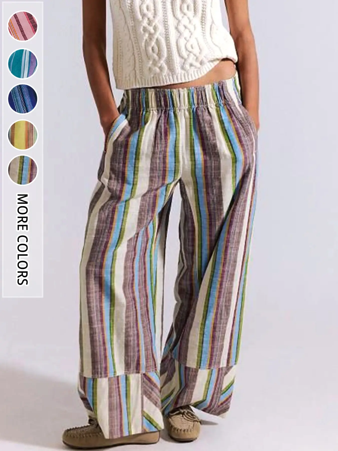 New Summer Autumn Colorful Striped Linen Wide Leg Pants, Elastic Waist Patchwork Loose Slimming Vacation Style Boho Festival Trousers Casual Long Pants for Women