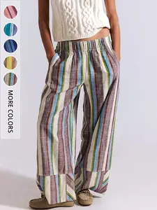 New Summer Autumn Colorful Striped Linen Wide Leg Pants, Elastic Waist Patchwork Loose Slimming Vacation Style Casual Long Pants for Women