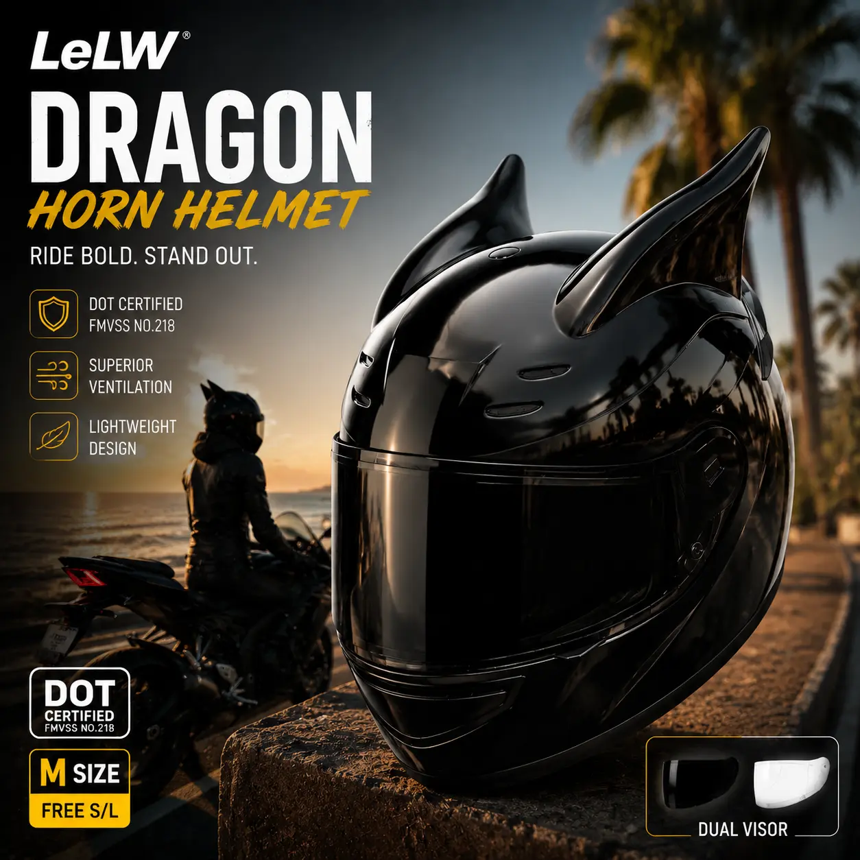 LeLW Dragon Horn Motorcycle Helmet DOT Certified Full Face Helmet for Men & Women, Bluetooth Compatible, Lightweight Racing Helmet with Aerodynamic Design, Breathable Removable Comfort Liner, Adjustable Fit System, Dual Visor, City Street Riding Gear