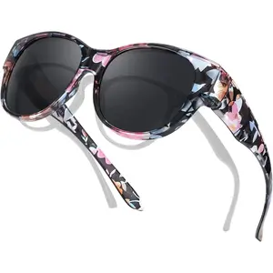 Polarized Fit Over Sunglasses for Women, Trendy Floral Frame Sun Glasses Wear Over Prescription Glasses, UV400 Protection Wrap Around Gear men's Adjustable Round LED Light Blocking Stickers