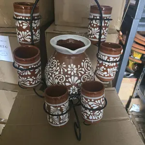 Brown with White Pitcher with 6 cups and stand