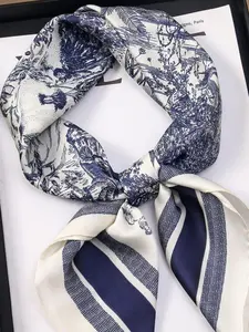 Women's Elegant Silk-Like Bandana - 27-Inch Chinese Ink Painting Print Square Scarf, Fashion Shawl Wrap, Versatile for Neck/Head/Bag Decoration, 4-Season Accessory