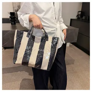 Fashion Letter Design Tote Bag Large Capacity Striped Color Block Clear PVC Handbag Simple Retro Style Work Bag Ideal for Work Study Shopping & Gift for Friends