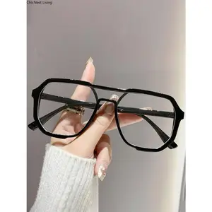 Frame Retro Dual Beam Glasses Eyeglasses Fashion Large Frame Versatile Anti-Blue Light Flat Lens, Casual Style, All Seasons