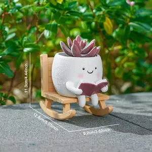 Cute Character Reading Book Rocking Chair Planter, Resin Planting Vase, Decorative Flower Pot, Succulent Planter, DIY Ornament, Outdoor Garden Decor