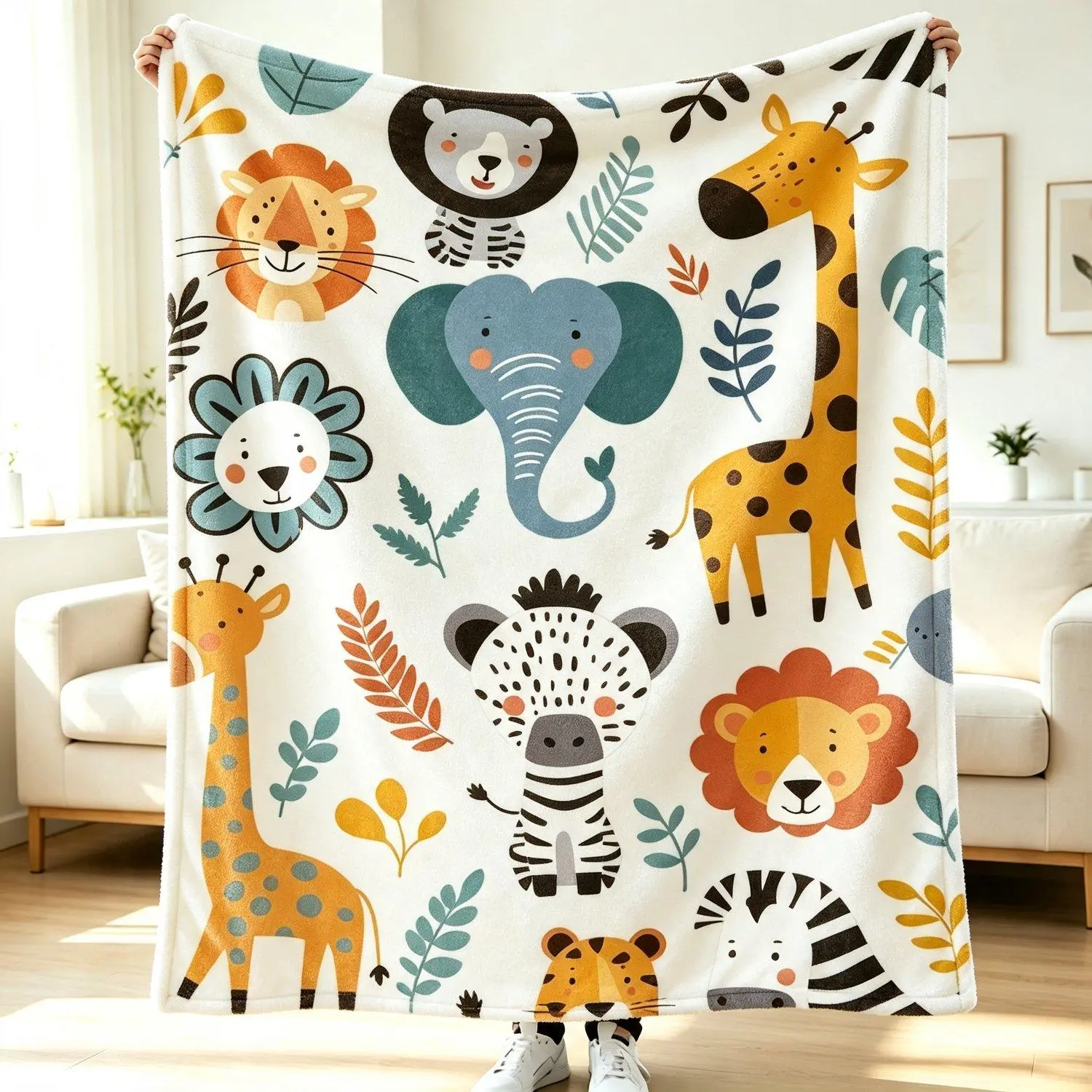 Zoo Animal Sherpa Cute Wild Animals Fleece Throw Blanket Cartoon Safari Wild Print Plush Blanket for Boys Girls Children Teens Bedroom Decor