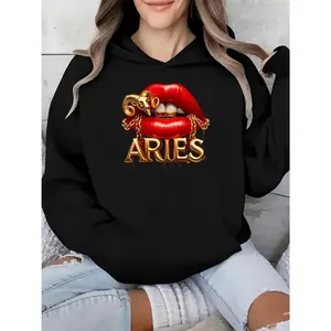 Women's Aries Zodiac Graphic Hoodie - Black Casual Pullover with Red Lips & Golden Accents,    Polyester Machine-Washable Sweatshirt, All-Season Comfort Fit, Bold Design, Comfortable Fit