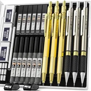 Gold Art Mechanical Pencil Set, Metal Drafting Pencil 0.5, 0.7, 0.9mm & 2mm Lead Holder(2B HB 2H) For Sketching Drawing With Lead Refills Case