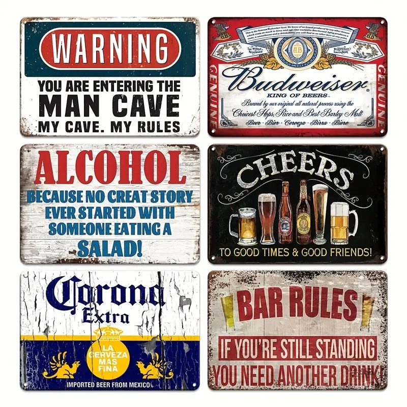 Funny Bar Vintage Metal Tin Sign - 6 pcs Set with Humorous Quotes, Bar Kitchen Mancave Decor & Retro Wall Poster Plate Accessories for Home Decor farmhouse  home  decor beer lover creative small gift Decoration Art Room Signage