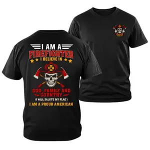 Firefighter Patriotic Shirt, Proud American Firefighter T Shirt, God Family Country Firefighter Tee, Firefighter Skull Graphic Shirt, Unisex First Responder Apparel