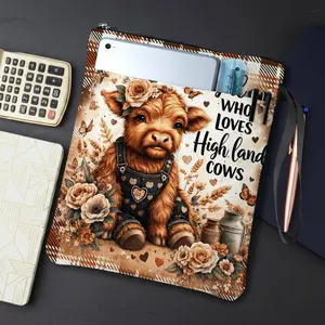 1PC Highland Cow Floral Print Book Cover with Zipper Closure - Book Protector & Storage Bag, Front Pocket, Book Accessories for Students, Teachers, Office Supplies.