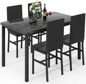 LinkRomat Dining Table Set for 4,  Faux Marble 47in Dining Room Table Set with 4 PU Leather Chairs,Suitable for Small Space, Apartment,  Black