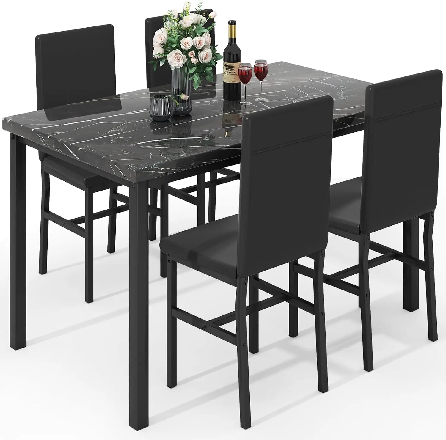 LinkRomat Dining Table Set for 4, Faux Marble 47in Dining Room Table Set with 4 PU Leather Chairs,Suitable for Small Space, Apartment, Black