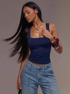 Navy Blue Square Neck Crop Tank Top Y2K Aesthetic Going Out Outfit Summer Style Soft Stretchy Knit Basic Layering Cami, Camisole Slim Fit Casual Streetwear Fashion Tops For Women Party Clubwear Daily Outfits Versatile Sleeveless Camiso, Womenswear