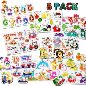 Wooden Peg Puzzles for Toddlers 1-3, Kids' Educational Preschool Peg Puzzle Toy, Set of 3 Toddler Puzzles - Traffic, Dinosaur, and Fruit, Ideal Gift for Ages 1 2 3 Boys and Girls(8pc)