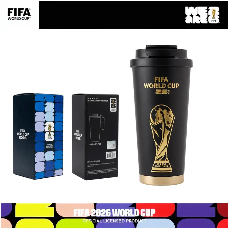 [FIFA World Cup 2026] Officially licensed black-and-gold soccer-themed insulated mug with a leak-proof lid and straw; large-capacity double-walled vacuum-insulated mug; coffee mug; the perfect choice for Father’s Day, travel, and gift-giving