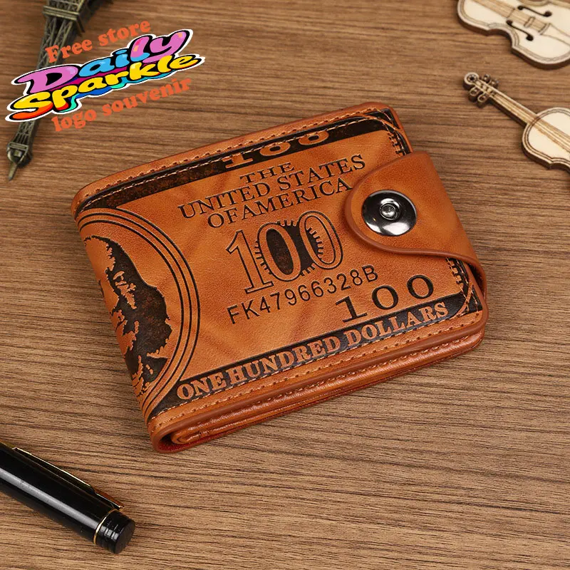 Ultralight men's retro wallet, made of brown leather and decorated with a dollar sign pattern. Compact and lightweight, perfect for everyday use. [Includes a complimentary commemorative keychain with the store logo.]