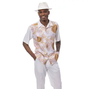 Cream Gold Chain Print Short Sleeve Walking Suit Set - Classic Fit