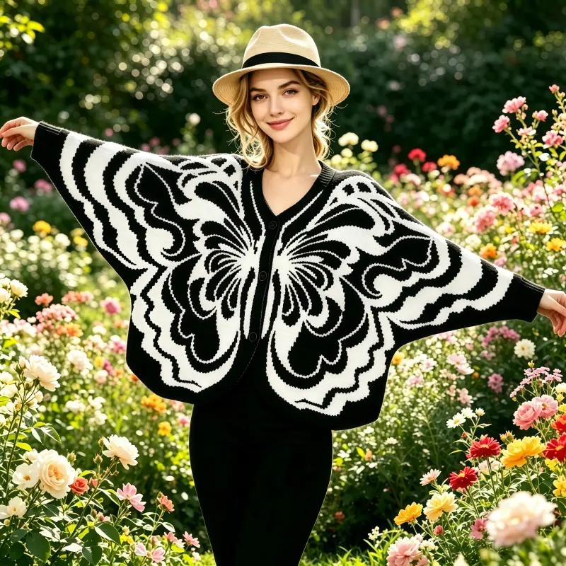 Women's Butterfly Cape Cardigan, Color-Block Crochet Knit, Loose Batwing Sleeves, V-Neck Button-Front Sweater Coat for Spring & Autumn Knitwear Tops Womenswear Knitting Fashion Fit Piece Style