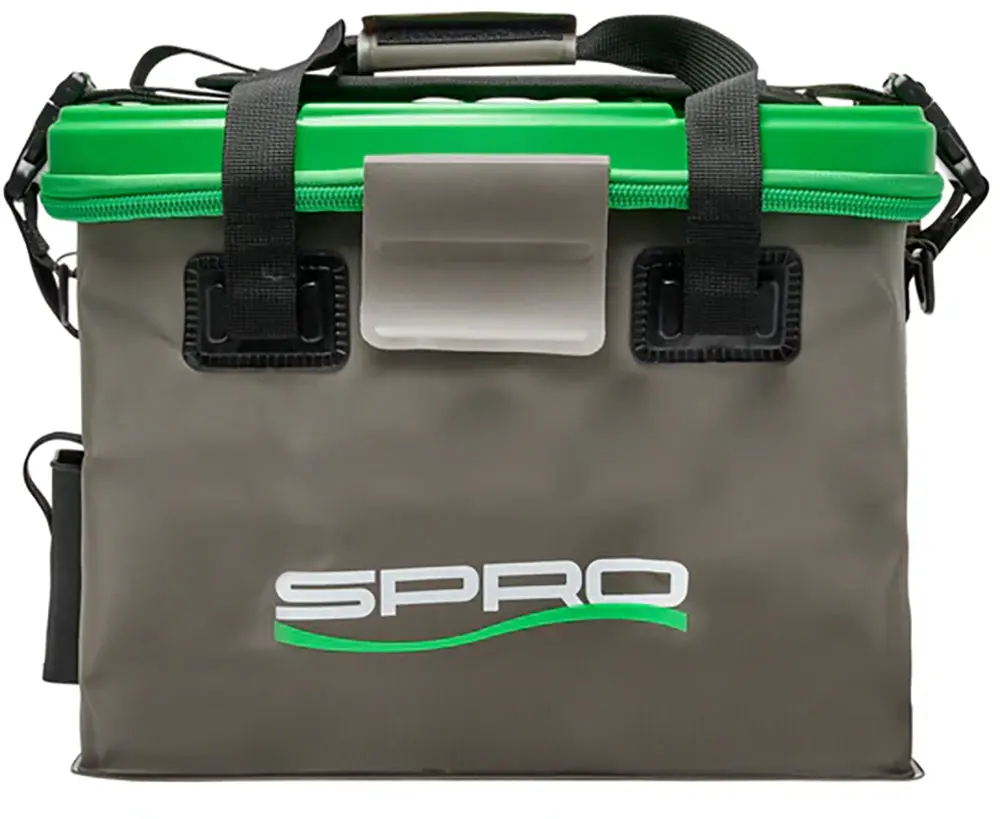 Large Waterproof Nylon Tackle Bag for Anglers, Soft-Sided Box for Organized Storage with Shoulder Strap and Plier Holders, Grey & Green, Classic Spro Logo, Angling, 3700 Size Tackle Boxes