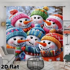 2D Flat 2Pcs Winter Snowman Printed Curtains, Colorful Knitted Hat Design, Rod Pocket Style, Semi Shading Polyester Fabric, Perfect for Living Room Bedroom Kitchen Window Decor, Christmas Holiday Theme Treatment, Anti Privacy
